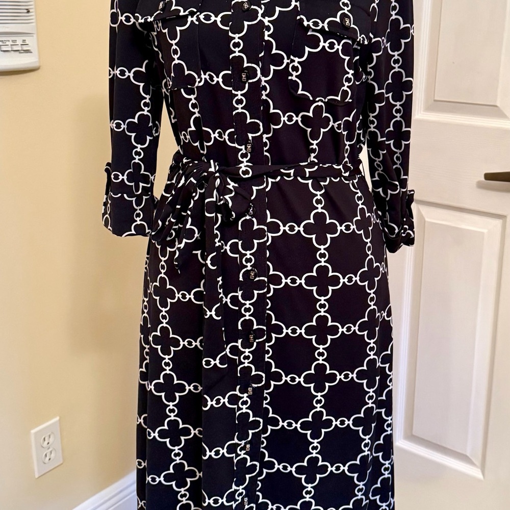 Charter Club Black and White Geometric Midi Shirt Dress with Tie Waist